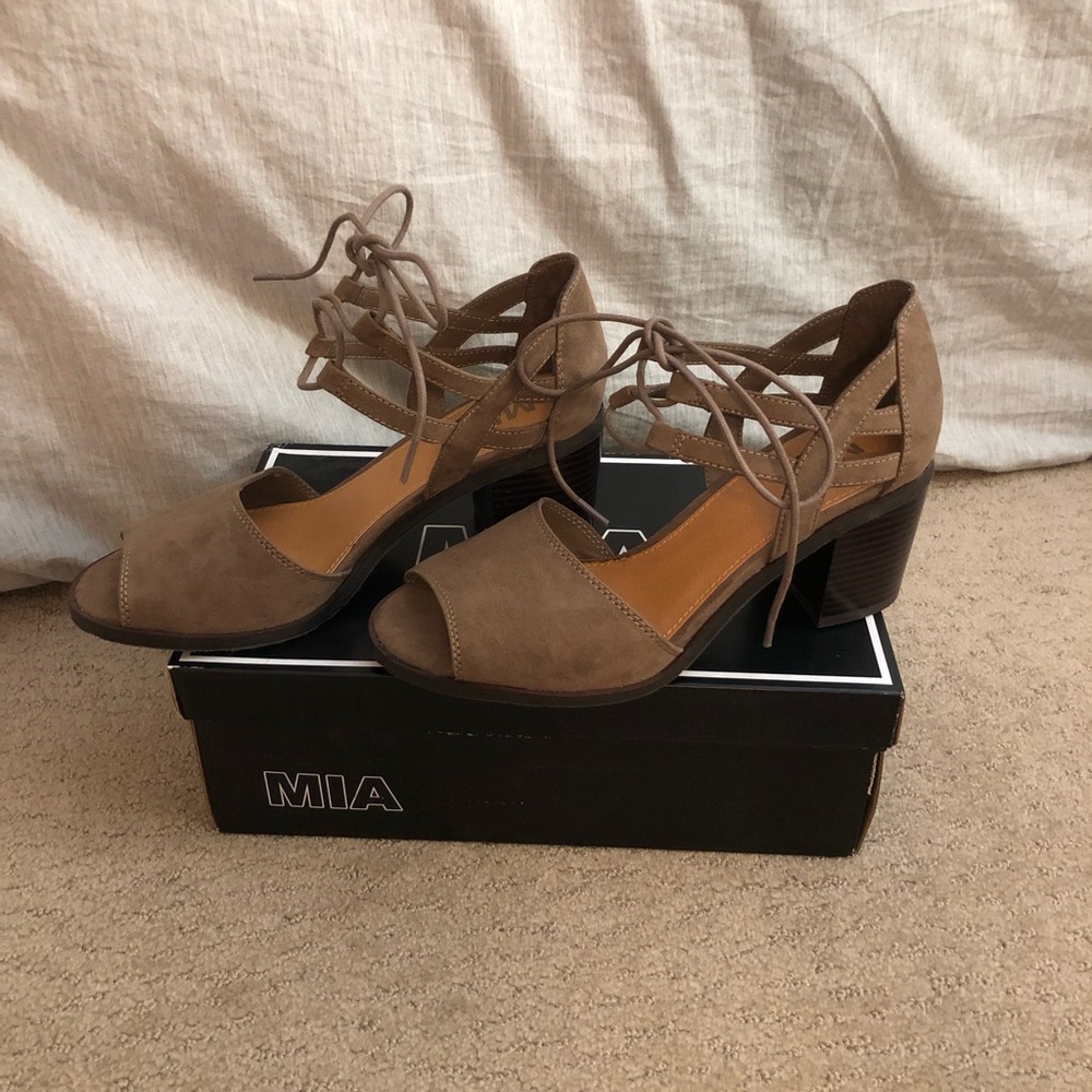 Mia Luella Taupe Nova Suede Lace Up Heels